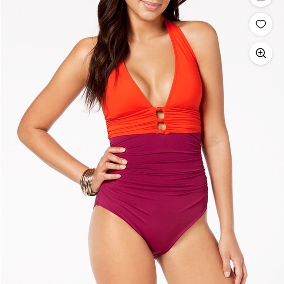Ralph Lauren Color Block Halter One piece  Swimsuit bathing suit red maroon 6 - Picture 1 of 11